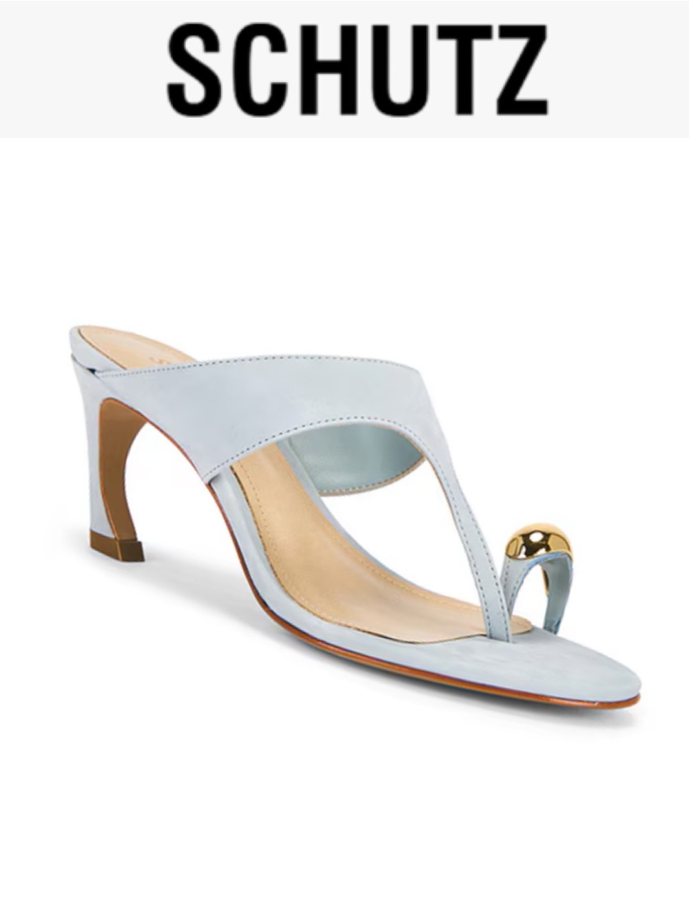 NIB SCHUTZ MAISIE LIGHT AZURE NUBUCK SUEDE GOLD TOE RING MULE HEELED SANDALS